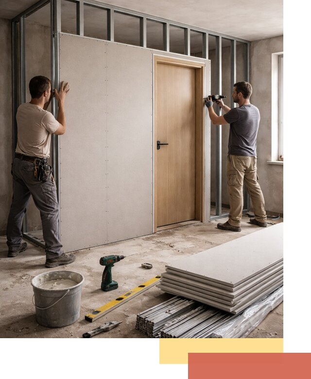 Перегородка из гипсокартона с дверью под ключ в Дюртюли