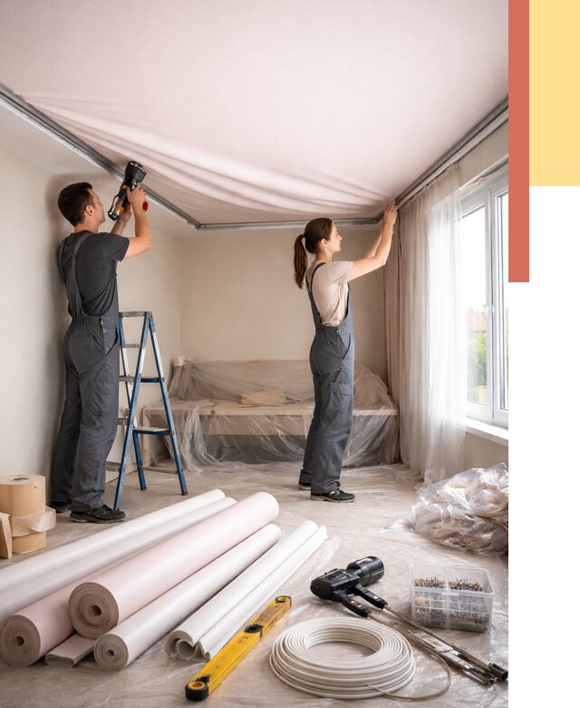 Монтаж цветного натяжного потолка в Дюртюли от 4379 руб/м² — быстро и недорого | ОТДЕЛОЧНИК-Дюр