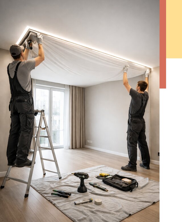 Монтаж парящего натяжного потолка в Дюртюли от 4691 руб. быстро и недорого | ОТДЕЛОЧНИК-Дюр