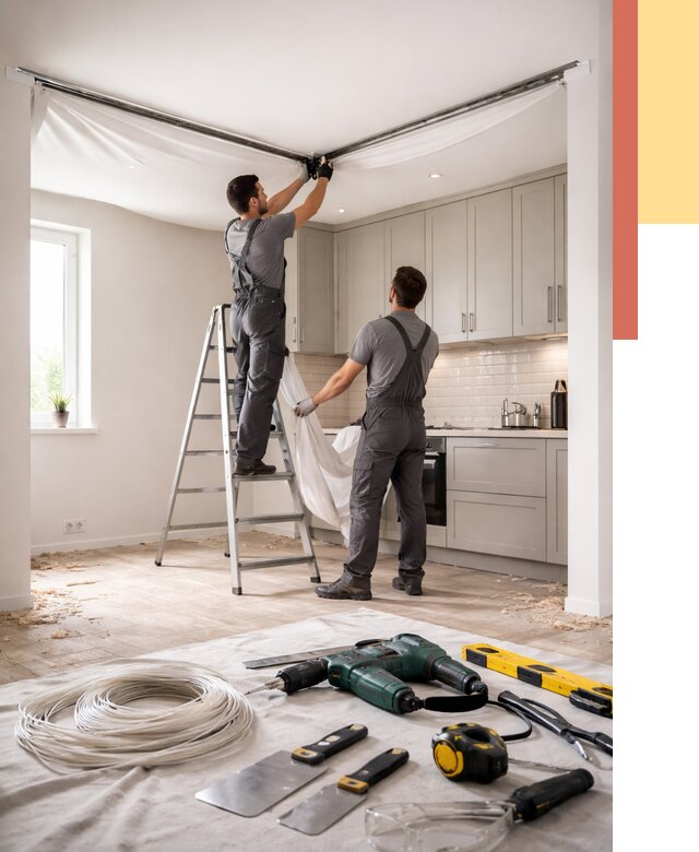 Установка натяжного потолка на кухне в Дюртюли от 2502 руб. | ОТДЕЛОЧНИК-Дюр