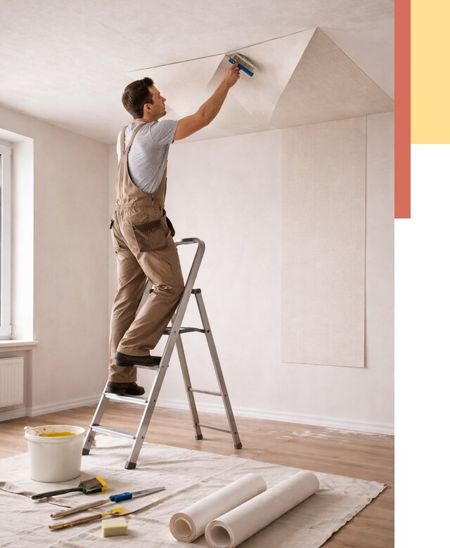 Поклейка обоев на потолок в Дюртюли от 4691 руб. быстро и недорого | ОТДЕЛОЧНИК-Дюр